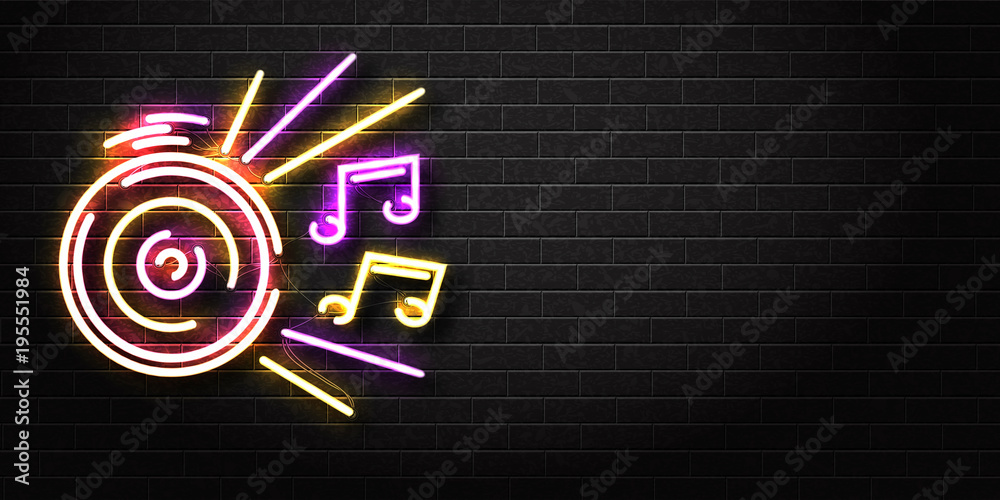Vector realistic isolated neon sign of Dj logo for decoration and covering  on the wall background. Concept of night club, music and dj profession.  Realistic banner for music perfomance advertising. Stock Vector |