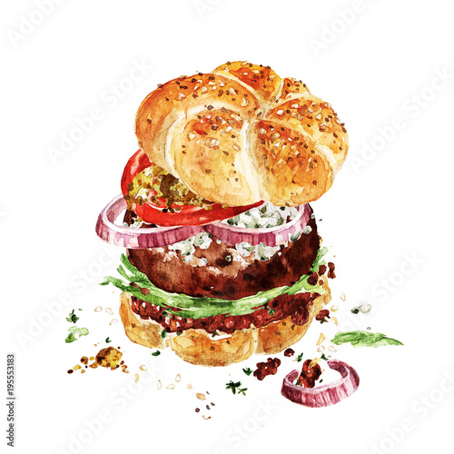 Angus burger. Watercolor Illustration. photo