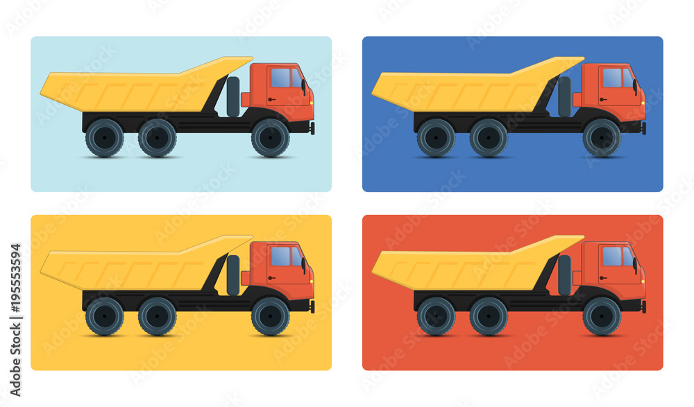 Fototapeta premium Tipper. Heavy automotive technology used in construction on a white background. A set of icons on different colors.