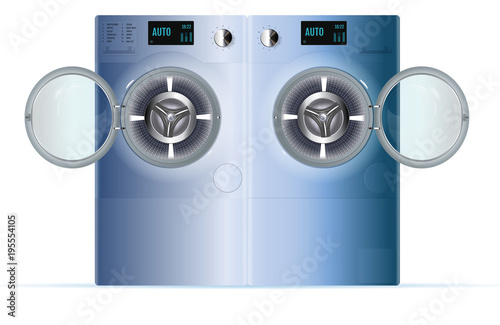 Open Double Washing Machine. Front View of Blue Steel Steam Washer. Isolated washing machine on a white background