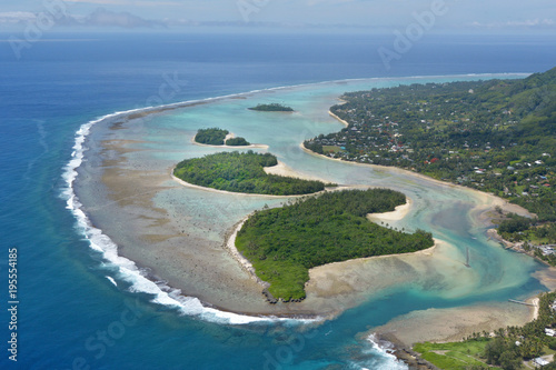 Aerial landscape view of Muri Lagoon in Rarotonga Cook Islands