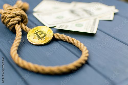 The concept of suicide due to the fall of bitcoin. A loop of rope for the gallows and bitcoin.