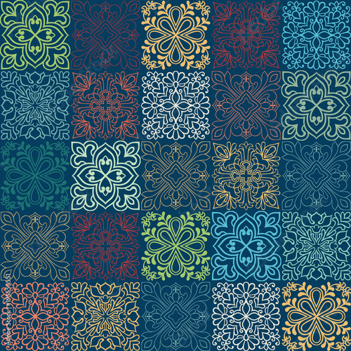 Seamless vector tile pattern. Colorful lisbon, mediterranean floral ornament pattern. Square flower blue mosaic. Islam, Arabic, Turkish, Pakistan Moroccan Portuguese motifs vector photo