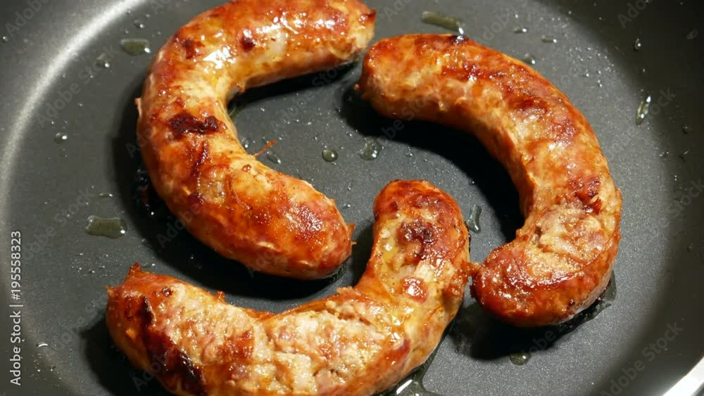 Overhead Closeup frying link sausage fast food in cast iron skillet Overhead Closeup frying link sausage fast food in cast iron skillet