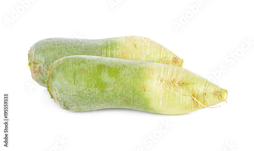 whole unpeeled fresh green radish on white background