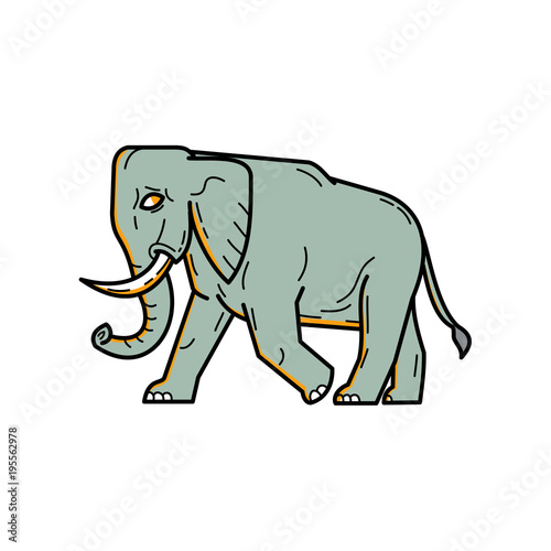 Mono line illustration of an African elephant   African bush or forest elephant walking viewed from side done in monoline style.
