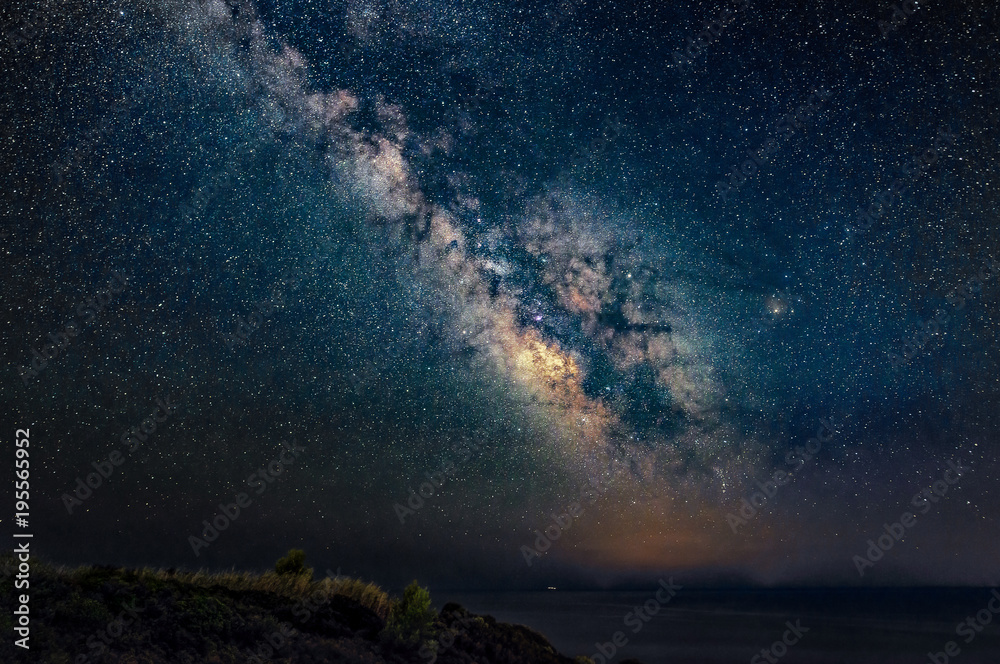 Miliky Way over the Aegean sea. Milky Way galaxy from Peninsula Kassandra, Halkidiki, Greece. The night sky is astronomically accurate.