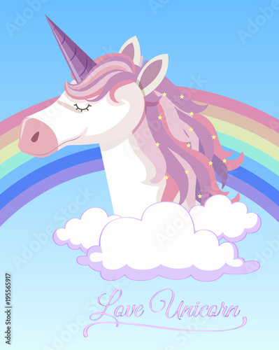 Poster design with unicorn and rainbow in sky