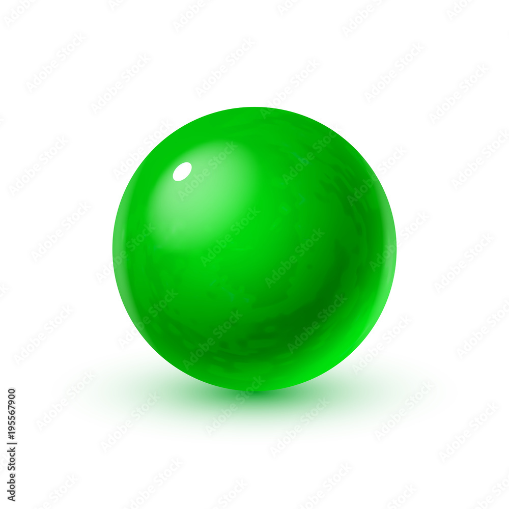 Realistic glass sphere with shadows, reflection of sky in mirror surface of dark green pearl