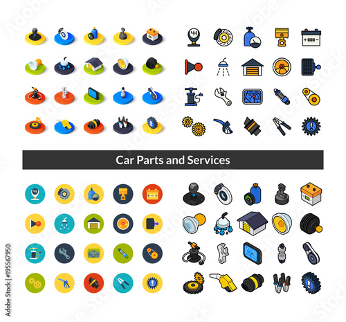 Set of icons in different style - isometric flat and otline, colored and black versions