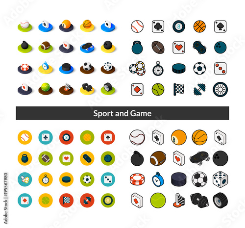 Set of icons in different style - isometric flat and otline, colored and black versions