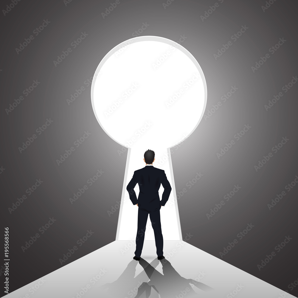 Obraz premium Businessman looking forward to opened door of chance and key hole as business vision, future, direction , goal, success concept. vector illustration.