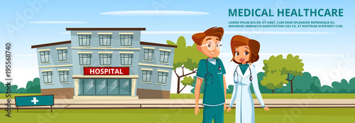 Vector cartoon male female doctor, nurse hospital background, healthcare medicine services advertising poster template. Surgeon man in green uniform with stethoscope, physician woman in white.