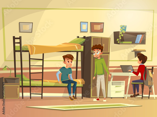 Vector cartoon teen male students group dormitory room. Boy characters discussing together, doing homework collaborating for project, sitting bunk bed, working laptop. Education study living concept