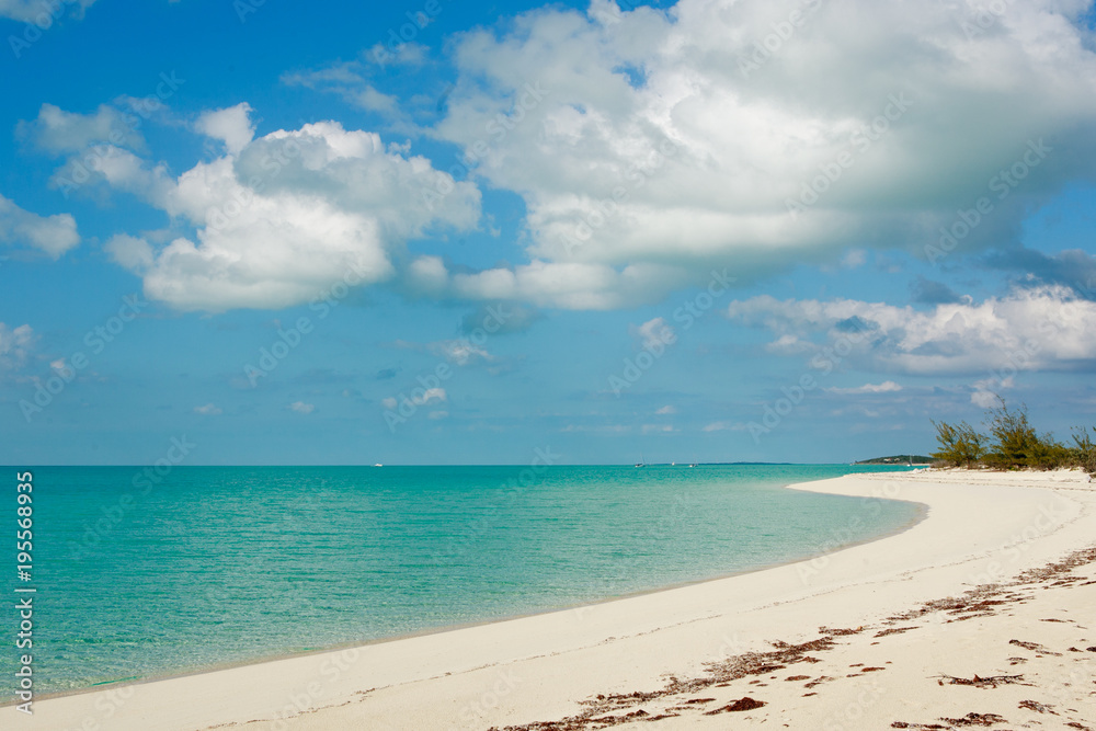 A classic, white sand beach on Norman's Cay in the Exumas, Bahamas.