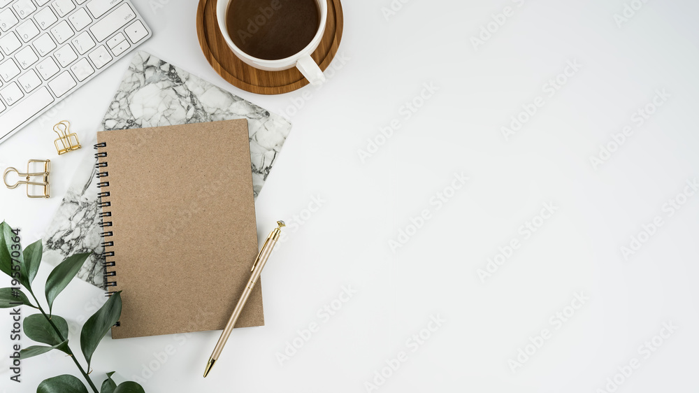 Styled stock photography white office desk table with blank notebook, computer, supplies and coffee cup. Top view with copy space. Flat lay. - obrazy, fototapety, plakaty 
