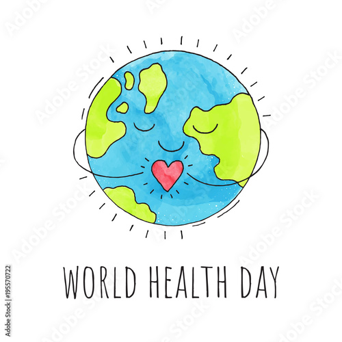World health day. Planet Earth with a heart. Hand drawn illustration. Vector background