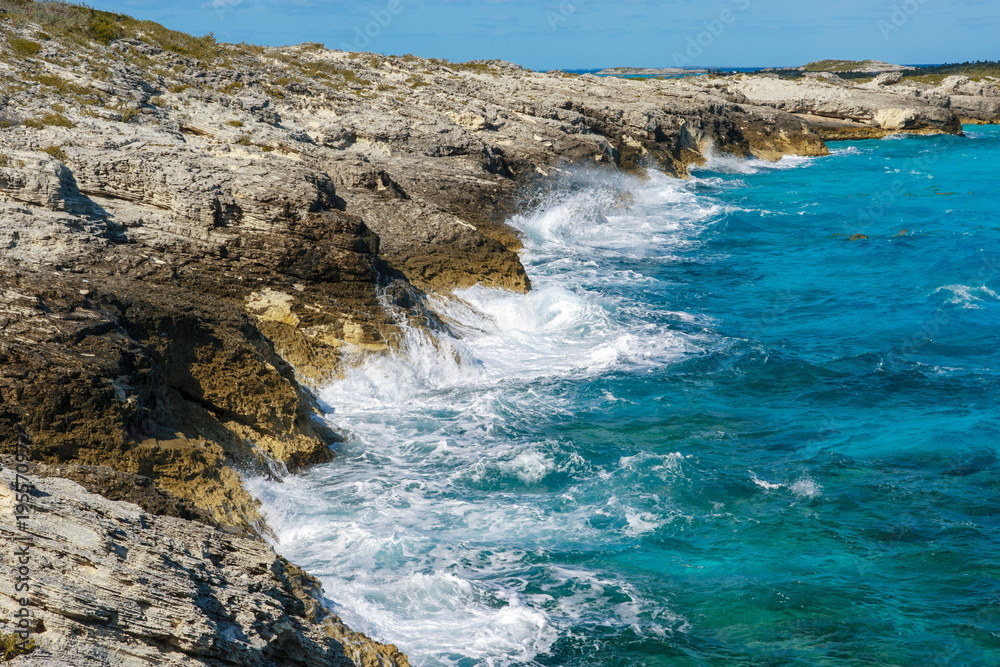 A dramatic view of the rocky Atlantic side of the Bahamas on Warderick Wells Cay in the Exumas, Bahamas.
