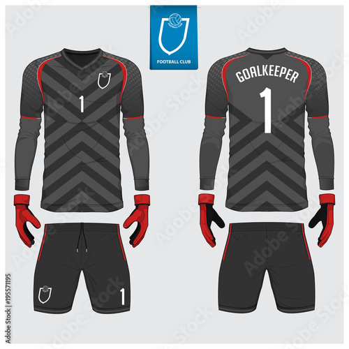 Goalkeeper jersey or soccer kit, long sleeve jersey, goalkeeper glove template design. Sport t-shirt mock up. Front and back view football uniform. Flat football logo label. Vector Illustration.