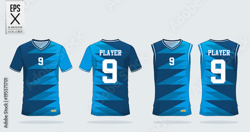 Blue t-shirt sport design template for soccer jersey, football kit and tank top for basketball jersey. Sport uniform in front and back view. Tshirt mock up for sport club. Vector Illustration.