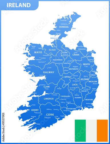 The detailed map of the Ireland with regions or states and cities, capitals, national flag
