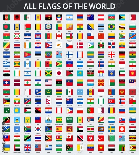 All flags of the world in alphabetical order. Square glossy style