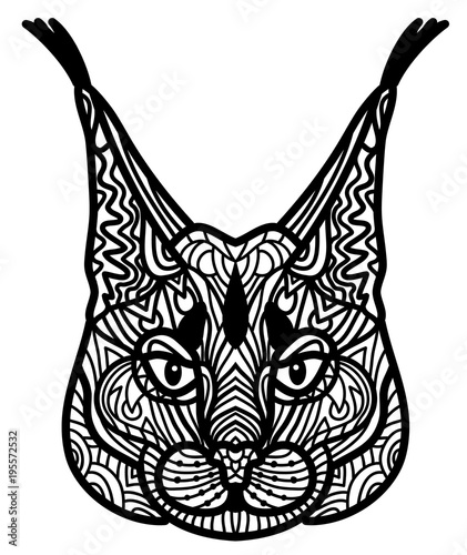 Doodle vector drawing of a prairie lynx head made in zen art style. Illustration isolated on white. Suits as tattoo or logo template, decorative element or coloring book sketch. photo