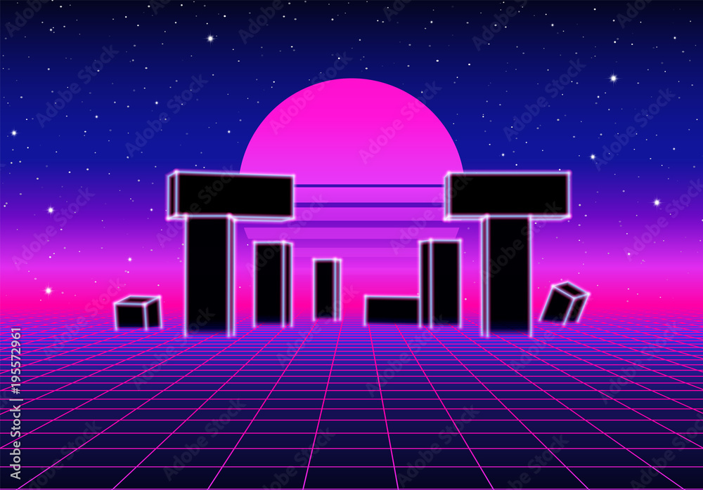 Neon landscape with 80s retro wave game style