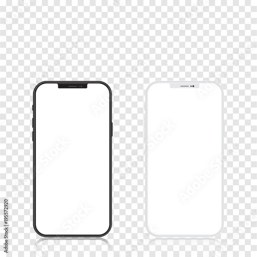 New version of black and white slim smartphone similar to with blank white screen. Realistic vector illustration.