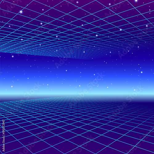 Retro neon background with 80s styled laser grid and stars