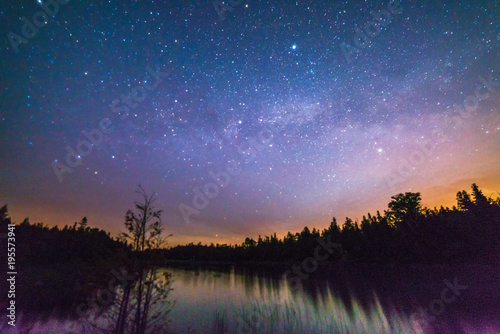 Lake reflecting with stars at night