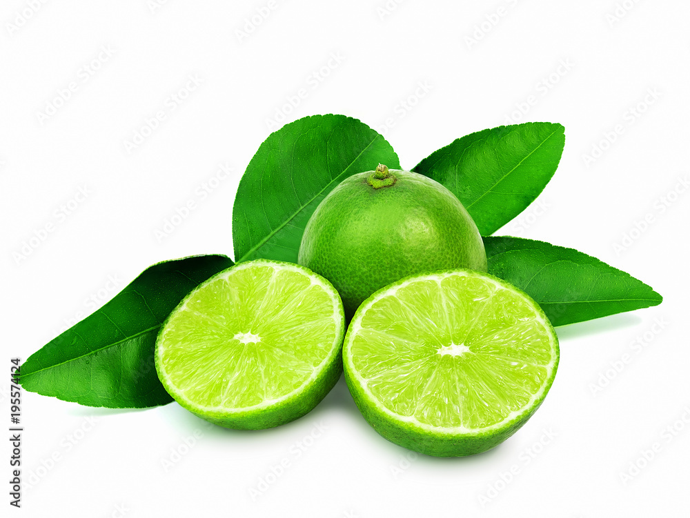 limes sliced with leaves isolated on a white background.