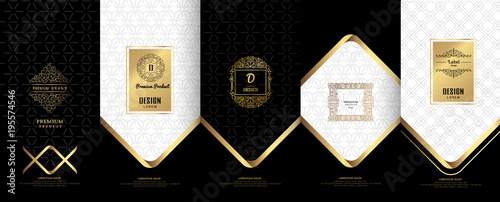Collection of design elements,labels,icon,frames, for packaging,design of luxury products. for perfume, soap, wine, lotion.Made with golden foil.Isolated on black background. vector illustration