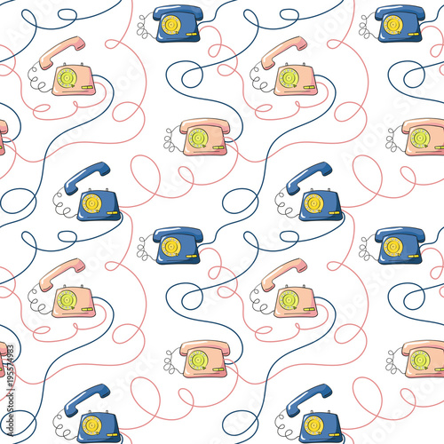 Fototapeta Naklejka Na Ścianę i Meble -  Vector seamless pattern with pink and blue vintage telephones. Old retro phone in cartoon style. Blue, pink, red colors. Phone connecting wires