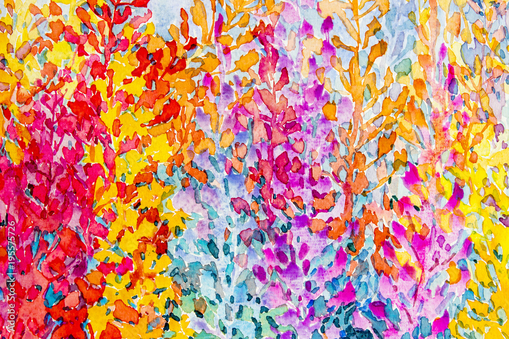 Watercolor original painting colorful bunch of wisteria and abstract  flowers