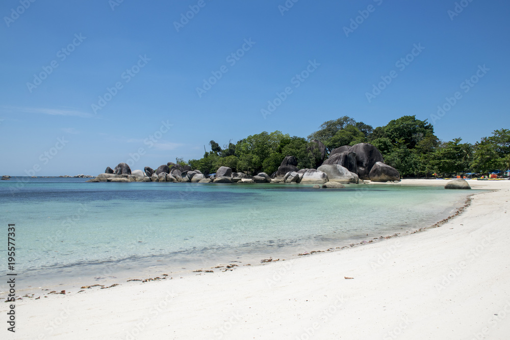 Scenic and tropical Tanjung Tinggi Beach, Belitung Island, Sumatra, Indonesia