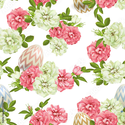 vector 3d Easter Egg and roses seamless background