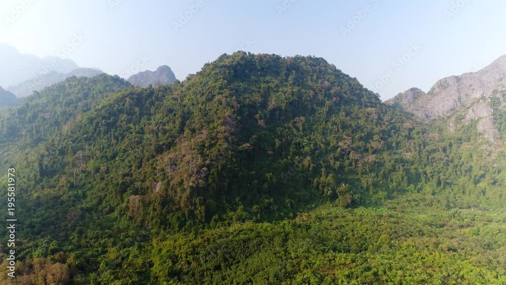 4k Video shot aerial view by drone. Pha Ngern View Point in Vang vieng, Laos. Landscape Mountain of Vang Vieng. 
