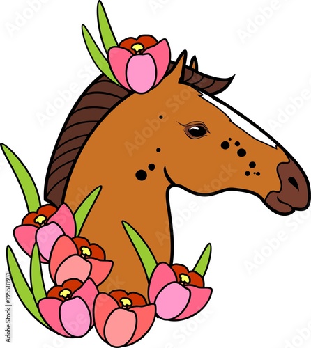 Brown horse head with pink crocus flowers on white background