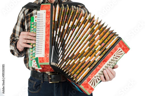 Musician hand playing accordions closeup. isolated on white background.