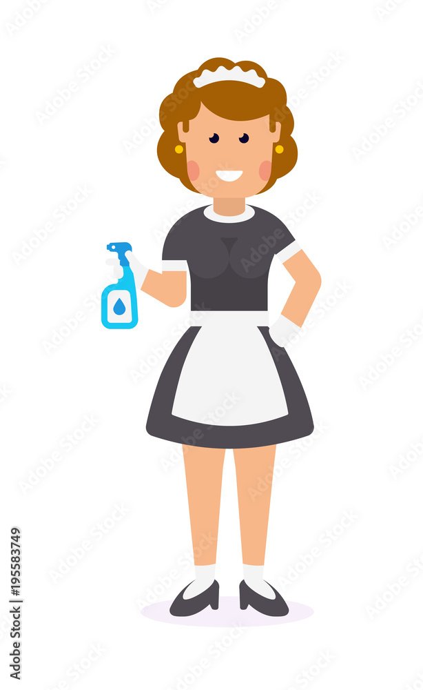 Flat illustration of funny cute house maid. Vector character of maid isolated on white background. Flat illustration of funny cute house maid. Vector character of maid isolated on white background.