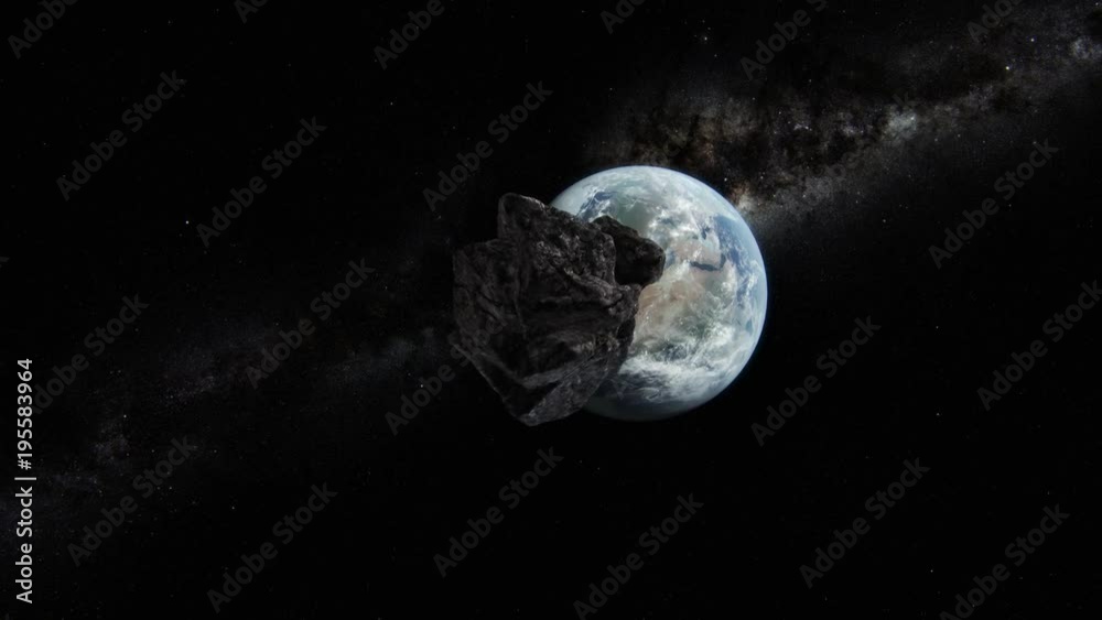 Asteroid approaching planet Earth. 3D animation.Texture courtesy of NASA.