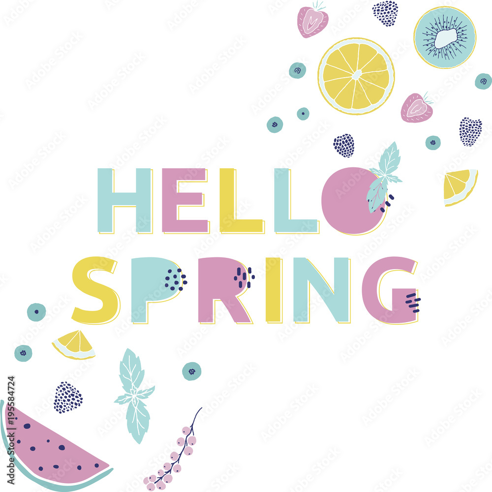Hello spring card. Hand drawn illustration with fruits, berries and funny alphabet. Hello spring card. Hand drawn illustration with fruits, berries and funny alphabet.