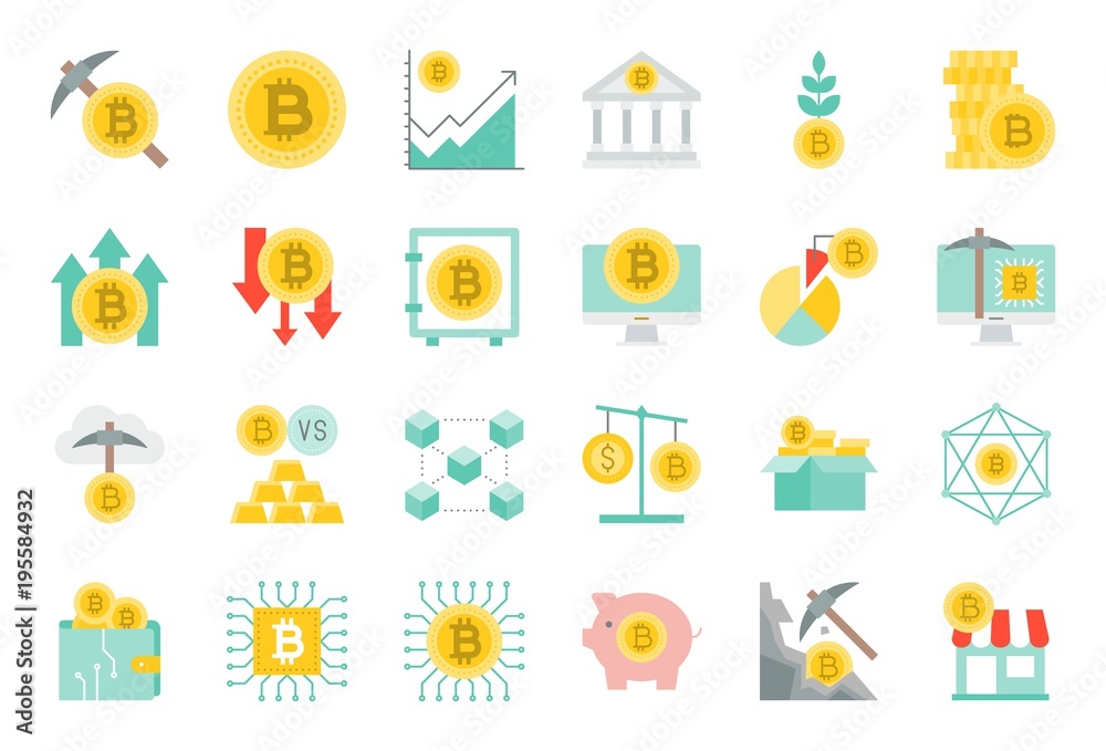cryptocurrency concept flat icon set such as bitcoin mining, investment, block chain, bitcoin wallet, cloud technology, payment accept, node