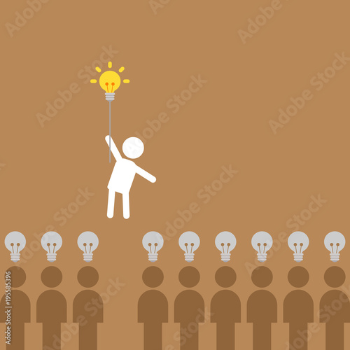 an idea bulb floats a man up while other people who do not have any idea stand on the ground. copy space design. creative and idea concept. winner and loser concept. vector illustration.