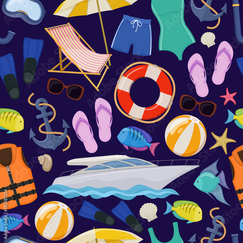 Seamless pattern of beach summer holidays accessories, cartoon illustration. Vector