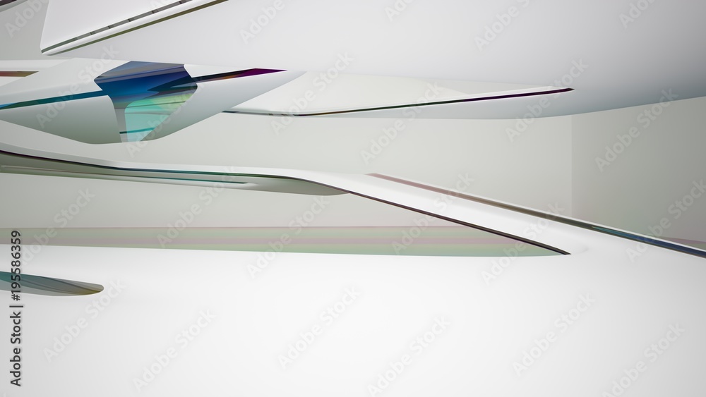 Fototapeta premium Abstract white and colored gradient glasses interior multilevel public space with window. 3D illustration and rendering.