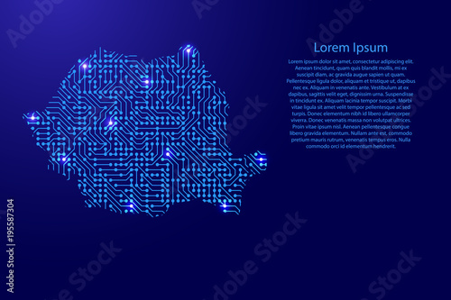 Photo Map Romania from printed board, chip and radio component with blue star space on the contour for banner, poster, greeting card, of vector illustration