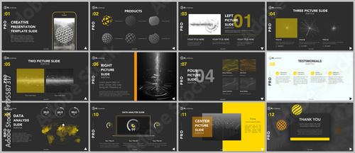 Minimal presentation templates. Tech elements on black background. Technology sci-fi concept vector design. Presentation slides for flyer, leaflet, brochure, report, marketing, advertising, banner