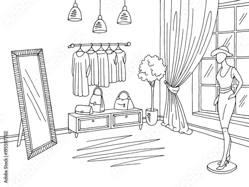 Shop interior graphic black white boutique store sketch illustration vector